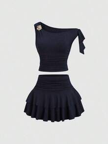 Conjunto de top de tirantes y minifalda plisada y con decoración de flores metálicas para mujer, ideal para el verano - Azul marino - Ver 3