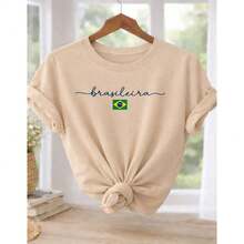 Brazilian Women's Yellow T-Shirt With Brazil Print - 100% Cotton - Casual - World Cup - National Team - 淺褐色的 - 查看 1