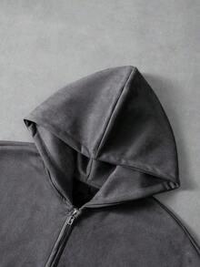 Manfinity Streetrush Black Hoodie, Men's Street Style, Popular INS Style, Basic With Double Pockets And Double Zipper, Thermal Lining, Casual, Gift For Boyfriend/Husband, Birthday Gift, Autumn/Winter - 灰色 - 查看 4