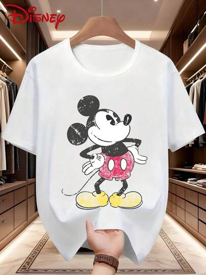 Disney قميص تي شيرت كاجوال قصير الأكمام بطبعة ميكي ماوس من ديزني، للرجال، قطن مرن قليلاً وغير شفاف، سهل العناية، مناسب للرياضة والاستخدام اليومي