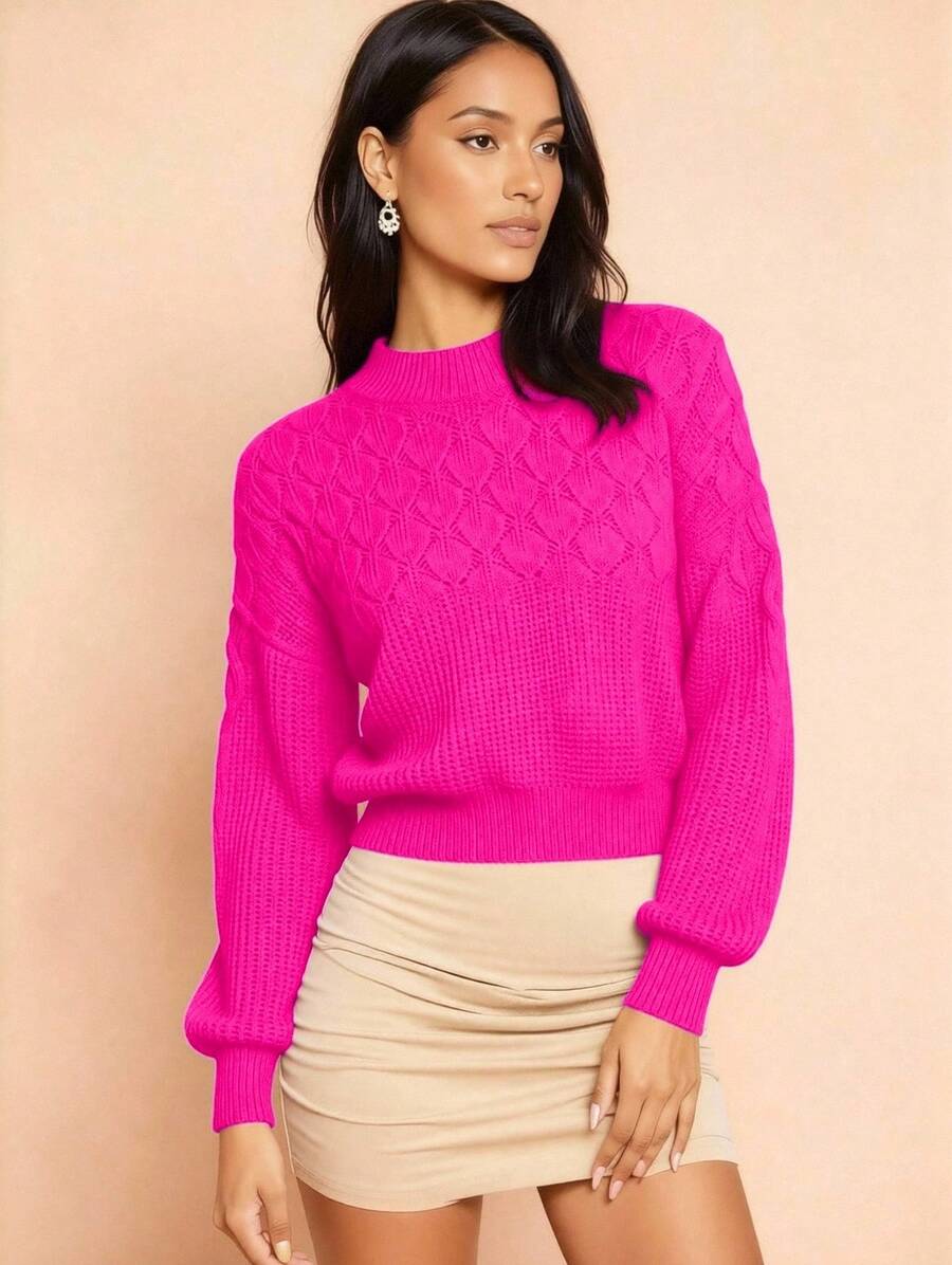 Women's Winter Cropped Basic Knit Blouse - Hot Pink - View 1