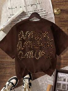 Women's "More Love" Leopard Print Round Neck Short Sleeve T-Shirt, Casual, Black, For Summer, Autumn/Back To School. - 棕色 - 查看 2
