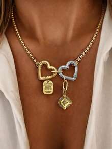 1pc Gold Heart Necklace With Letter Pendant And Compass Diamond Chain, Unique Luxury Style, Suitable For Women's Daily Work Decoration - Yellow Gold - View 8