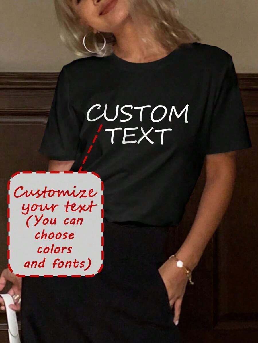 blusas para mujer playeras de mujer blusas casuales para dama Camiseta de manga corta personalizada para mujer, agrega texto (lema/frase especial/frase divertida/nombre/eslogan, etc.), elige el color y la fuente preferidos, diseña tu propia camiseta impresa personalizada como regalo para tu novia.De moda, hippie, casual, minimalista y distintiva, personalización personalizada, única.Regalo ideal para ropa de hombre, armario cápsula, ropa básica/urbana para hombre, para novio, familia, amigos, adecuado para cumpleaños, vacaciones/feriados, escuela/competencia, deportes/escalada, otoño de moda, eventos urbanos, etc. AF4V - Negro - Ver 1