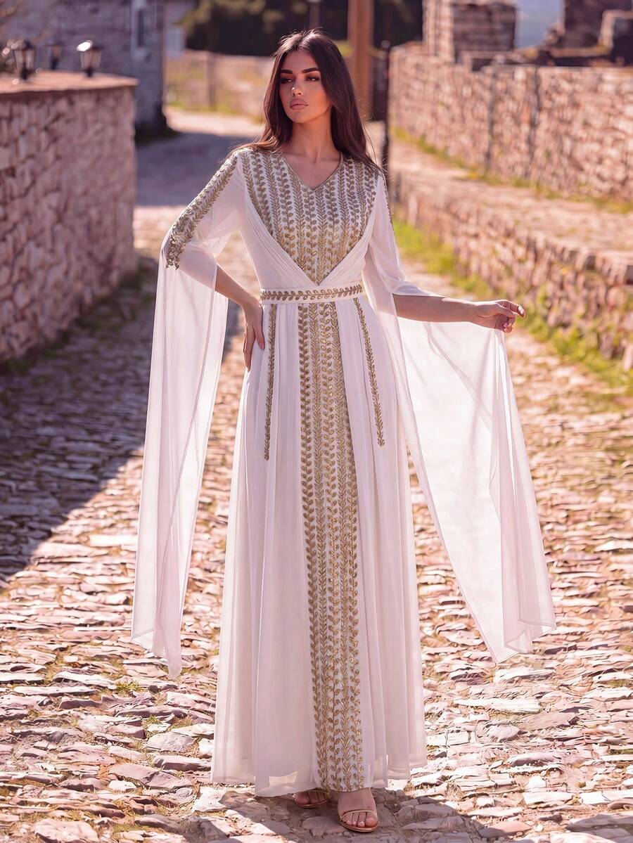 Faeriesty Áo Abaya Ả Rập thanh lịch cổ chữ V sâu, đính cườm và tay áo xẻ tà, thích hợp cho các buổi dạ hội, đám cưới, lễ hội, tiệc chiêu đãi và các dịp đặc biệt. Màu trắng. - trắng - Xem 1