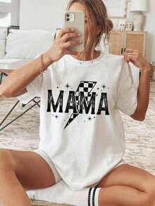 1 Piece Women's Graphic Print T-Shirt, College Style T-Shirt For Mom, Plaid T-Shirt For Mom, Mother's Day Gift, Lightning Bolt Print Sweatshirt For Mom, Mother's Day T-Shirt Gifts For Mom's Birthday, Casual Short Sleeve Crew Neck T-Shirt For Women, 1 Piece Fashion Shirt, Gift For Mom, Thanksgiving Gift, 180g 100% Cotton, All Patterns Are Printed. Unisex. - 白色 003 - 查看 12