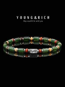 YOUNG&RICH Vòng tay hạt ngọc bích xanh lá cây dành cho nam giới YOUNG & RICH - Vòng tay co giãn bằng ngọc bích xanh hình trụ tự nhiên, trang sức đá quý tông màu đất thanh lịch dành cho nam giới. - Nhiều màu - Xem 2