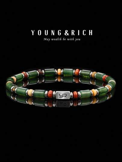 YOUNG&RICH Pulsera de cuentas de jade verde para hombres joven & RICH - Pulsera elástica de jade verde natural en forma de cilindro, joyería elegante de piedras preciosas de tonos tierra para hombres