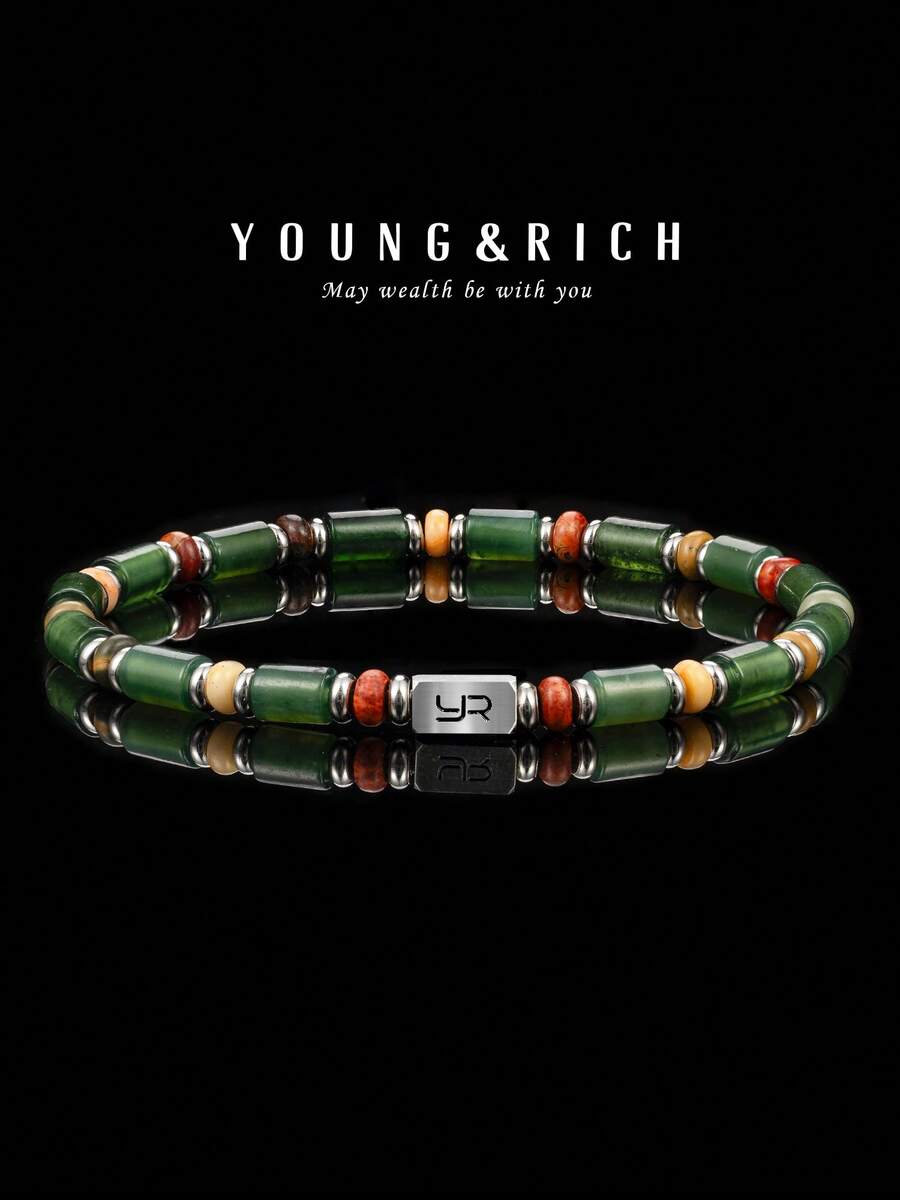 YOUNG&RICH Vòng tay hạt ngọc bích xanh lá cây dành cho nam giới YOUNG & RICH - Vòng tay co giãn bằng ngọc bích xanh hình trụ tự nhiên, trang sức đá quý tông màu đất thanh lịch dành cho nam giới.
