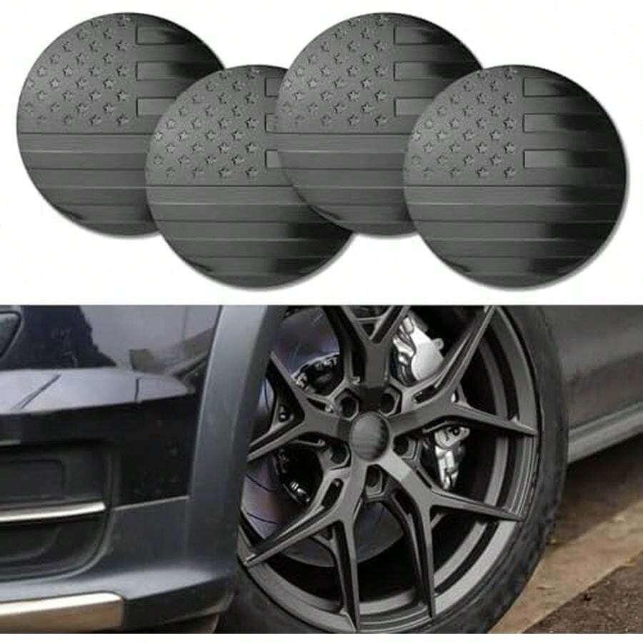 4PCS American Flag Car Wheel Center Caps Sticker, Automotive Exterior Accessories Wheel Hub Caps Sticker Compatible With 56mm Wheel Hub Caps, Center Caps For Rims Car Decorations - Black - View 1