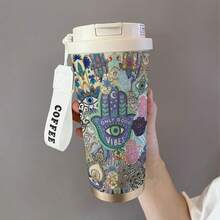 1個 530ML Cool Mask/Abstract Wishes/National Style 印花不鏽鋼保溫隨行杯，附蓋與矽膠吸管，舒適握感，大容量咖啡杯，適用辦公室、學校、居家、露營，送給朋友/家人的禮物推薦 - 彩色 - 查看 5