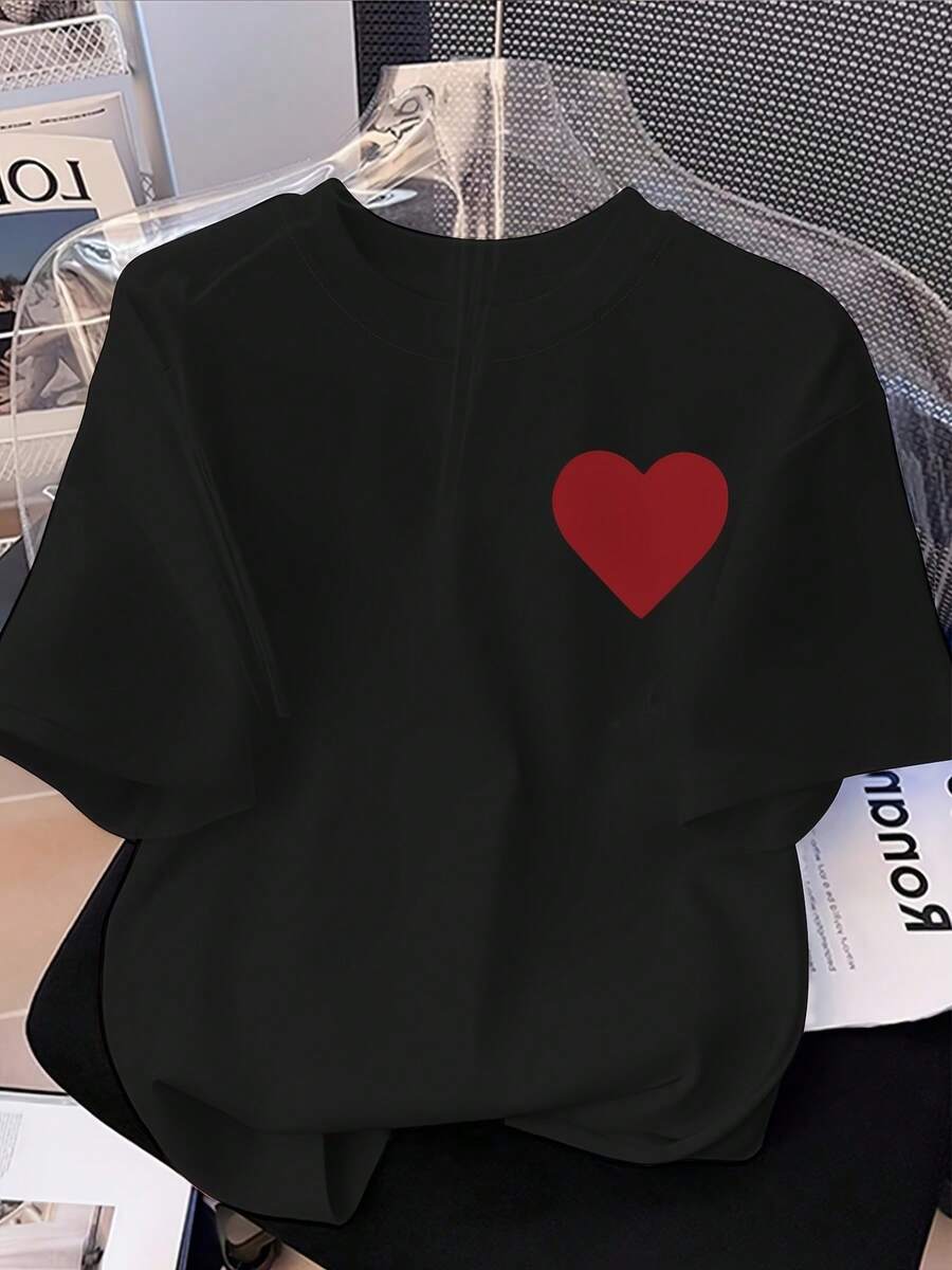 Camiseta de Mujer Estampada de Manga Corta con Cuello Redondo, Top Casual Primavera/Verano, Ropa de Mujer_26, Diseño Retro de Moda de Temporada, Ajuste Cómodo, Camisetas de Manga Corta para Mujer - Negro - Ver 1