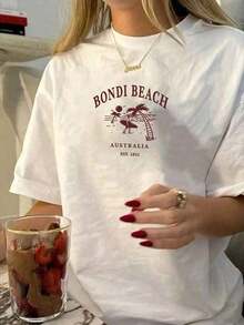 1 camiseta de mujer, camiseta de manga corta de verano para mujer, estilo casual y holgado, con estampado de la playa Bondi de Australia, para uso diario y urbano. Camisetas con estampados, camisetas vintage, 100% algodón (tallas S-3XL). Camiseta de manga corta con cuello redondo estampada, mangas cortas estampadas, verano, muy adecuada para uso diario. - Blanco 2 - Ver 6