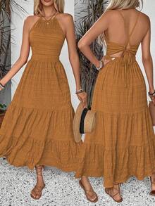 MEXBreezaya Vestido de verano con textura para mujer, de unicolor, con tirantes en la espalda y dobladillo con volantes, perfecto para looks de vacaciones - Vestido largo para vacaciones y playaMEX OAU3 - Multicolor - Ver 7