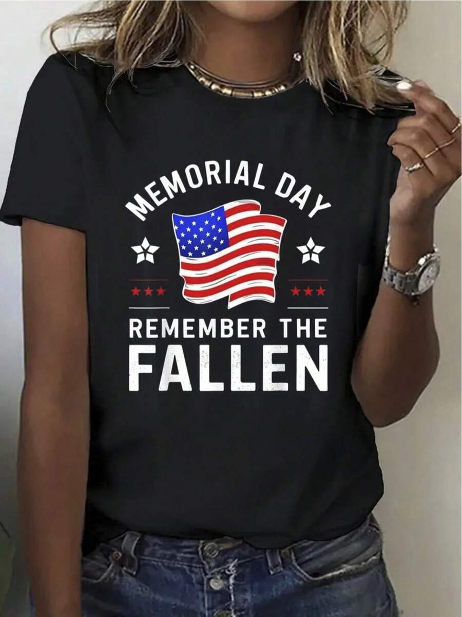 Limited Edition Women's Lightweight Breathable Cotton T-Shirt With Patriotic Anniversary Design - Black Crew Neck With American Flag Design, Lightweight And Breathable Casual Top, Suitable For Anniversaries, Daily Wear And Formal Occasions - Machine Washable Short Sleeve T-Shirt, Lightweight Cotton Festive Event Wear. - 黑色 - 查看 1