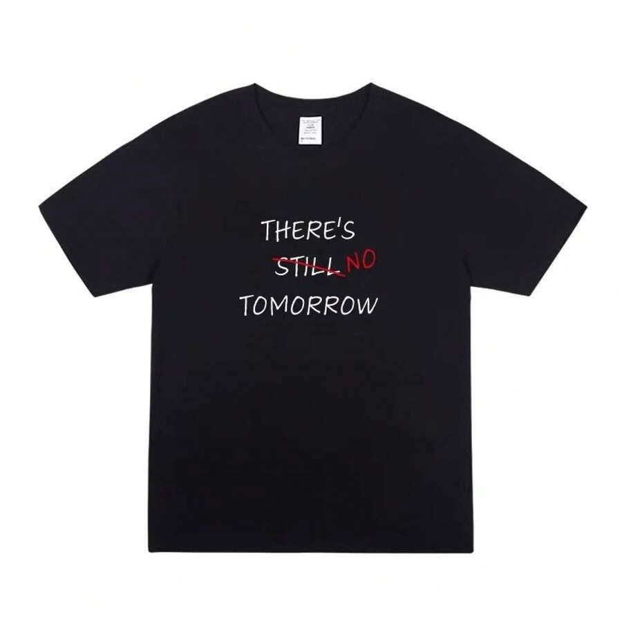 Camiseta juvenil de estilo europeo y americano, de manga corta, corte holgado, con estampado de letras inspirado en la película parodia de estilo americano "Tomorrow". - Camisa negra de manga corta - Ver 1