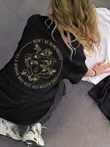 Women's Round Neck Printed Short Sleeve T-Shirt, Casual Loose Fit, Super Soft & Comfortable Fabric, Ins Street Fashion Style, Classic All-Match Graphic Tee, Breathable Lightweight Daily Basic Top, Perfect For Daily Wear, Casual Vacation, Office Commute, Outdoor Going Out, Weekend Gathering, Shopping And Leisure Activities, Ladies  Oversized Casual Pullover T-Shirt - 黑色 - 查看 2