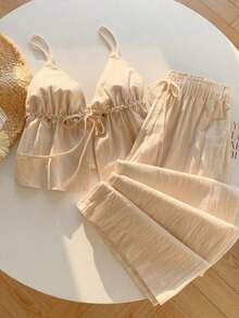 2 piezas Conjunto casual de vacaciones con rayas tejidas amarillas para mujer, /verano - Albaricoque - Ver 1