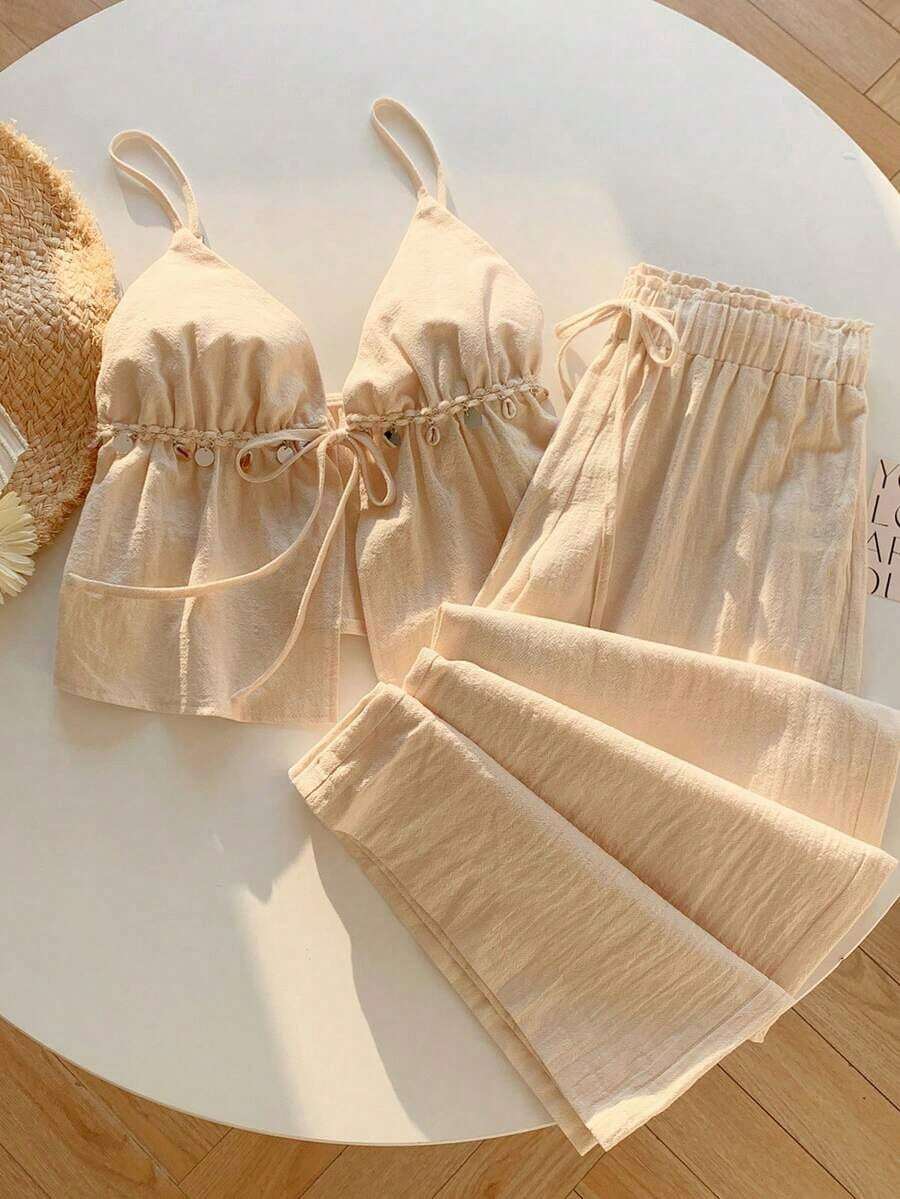 2 piezas Conjunto casual de vacaciones con rayas tejidas amarillas para mujer, /verano - Albaricoque - Ver 1