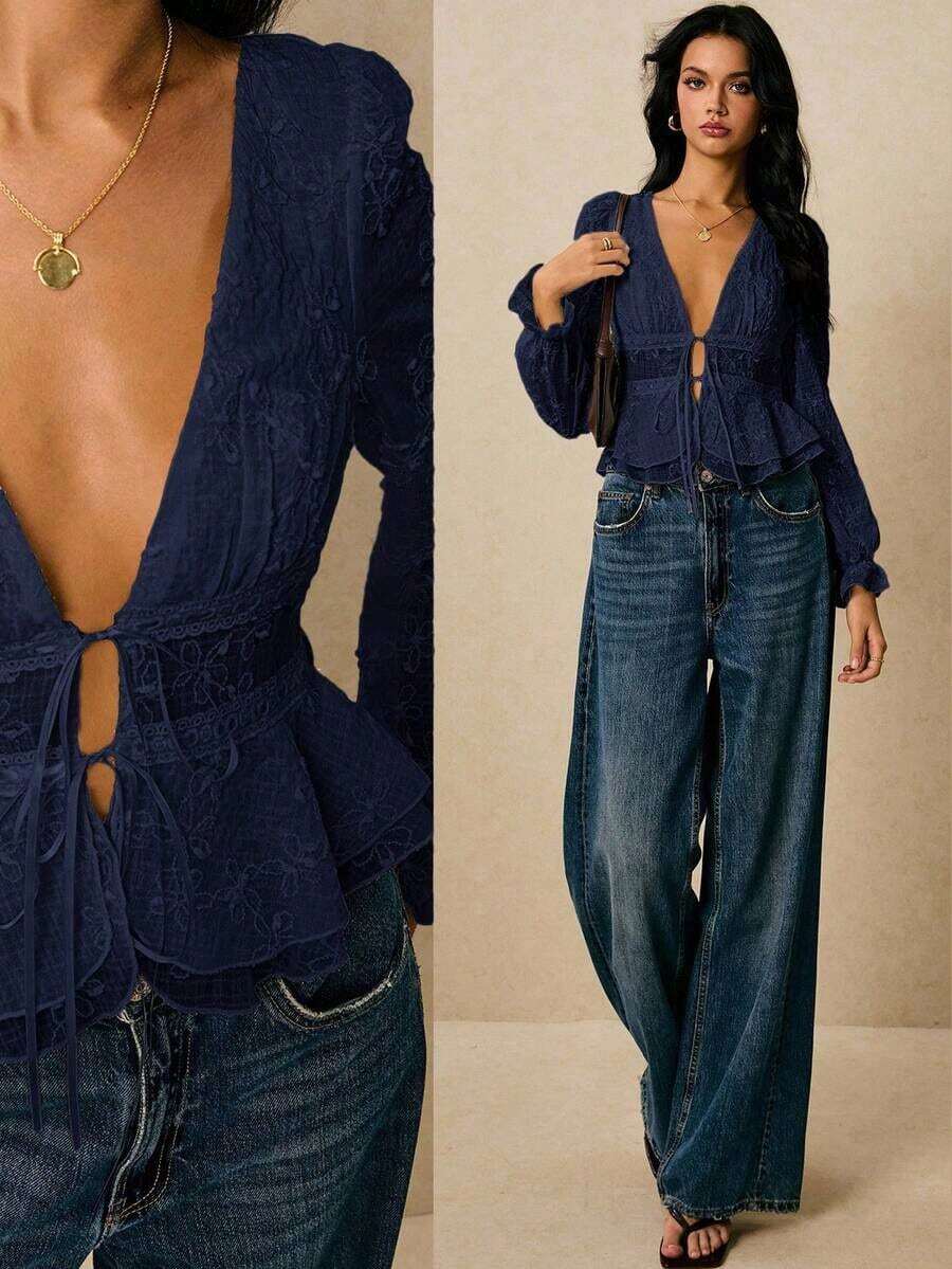 Blusa blanca de manga larga, tela bordada, camisa de otoño e invierno, exquisita y elegante, diseño de lazo central, costura de encaje, blusa de moda sexy con escote en V profundo y bordado floral delantero, adecuada para uso diario, salir, citas, vacaciones, fiestas, etc.Ropa de mujer de otoño - Azul marino - Ver 1