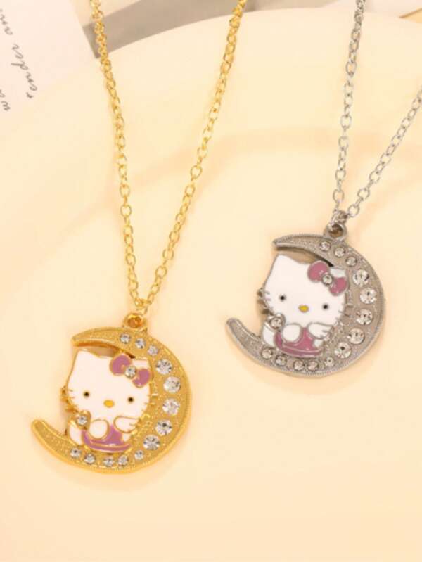 SANRIO 1 pieza Collar con colgante de gato y luna creciente de dibujos animados, regalo de cumpleaños para novia, collar lindo de gato KT, uso versátil diario