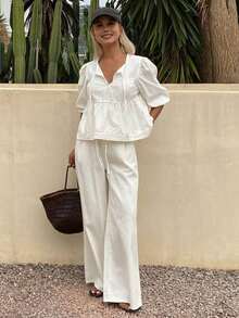 Blusa de mezclilla con cuello de corbata, mangas abullonadas y volante, y pantalón vaquero de pierna ancha - Blanco - Ver 4