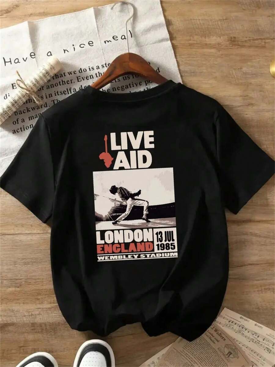 1 pieza Camiseta Gráfica Vintage de la Reina Freddie para MERCURY Live Aid 1985 - Negra con Letras Blancas y Rojas, Estampado de la Icónica Actuación en el Estadio Wembley, Artículos de Música Casual para Fans, Camiseta Y2k - Blanco - Ver 1