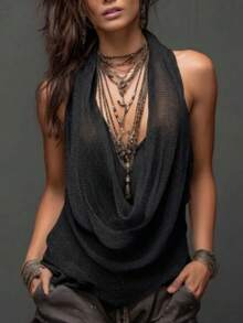 Bohemian Mesh Cowl Neck Sleeveless Top, Layered Flowy Open-Knit Casual Blouse For Women, Loose Fit Semi-Sheer Draped Tank Top For Everyday And Festival Wear - 黑色 - 查看 2