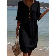 Women's Cotton Linen V-Neck Dress, Button Front Ruffle Sleeve Dress, Casual Summer Outfit - 白色 - 查看 5