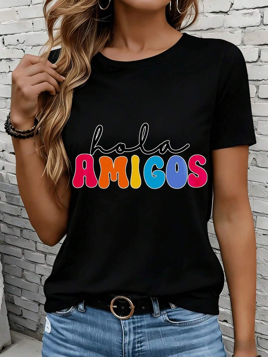 Women's Short-Sleeved T-Shirts In Black And White Are Suitable For Everyday Wear, Lounging At Home, And Outdoor Activities. Hello Friends, Women's Colorful Rainbow Graphic T-Shirt, Casual Summer Top, Fashionable Shirt, Gift For Parties And Holidays. - 黑色 - 查看 1