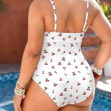 Swim Lushore Plus Size One-Piece Swimsuit With Cherry Print Pattern, Mature European And American Style - Negro - Ver 8