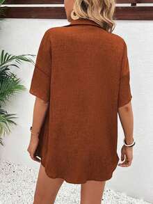 Conjunto de 2 piezas con blusa de manga corta de cuello de botones y shorts con lazo delantero, sencillo, para mujer - Marrón - Ver 2