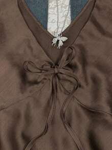 Camiseta sin mangas de moda casual con cuello en V y lazo frontal para mujer - Marrón - Ver 3