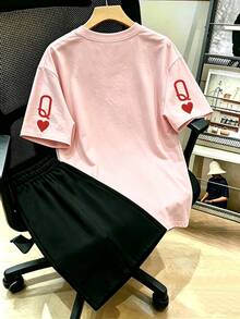 Bộ 2 món áo thun và quần short nữ size lớn phong cách thường ngày, in hình bài tây trái tim & quân Hậu Cơ, thanh lịch cho mùa hè - Nhiều màu - Xem 2