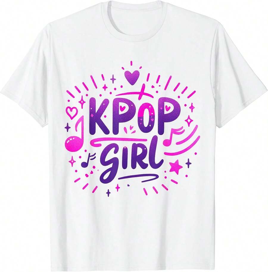 Camiseta estilo K-pop para chicas, música coreana, K-Pop, K-drama, para adolescentes, camiseta clásica de manga corta de algodón puro, estilo casual y holgado para mujeres jóvenes, tela suave y transpirable para ropa de calle en el campus, ocio en vacaciones, actividades al aire libre, uso casual para fiestas pequeñas. - Blanco - Ver 1