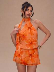 Vestido mini de mujer con estampado de lunares, estilo vacacional, de escote de halter - Multicolor 3 - Ver 5