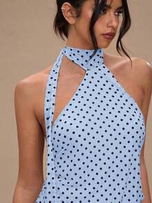Vestido corto de verano con escote halter y espalda descubierta, con estampado de lunares sexy para mujer - Celeste 2 - Ver 5