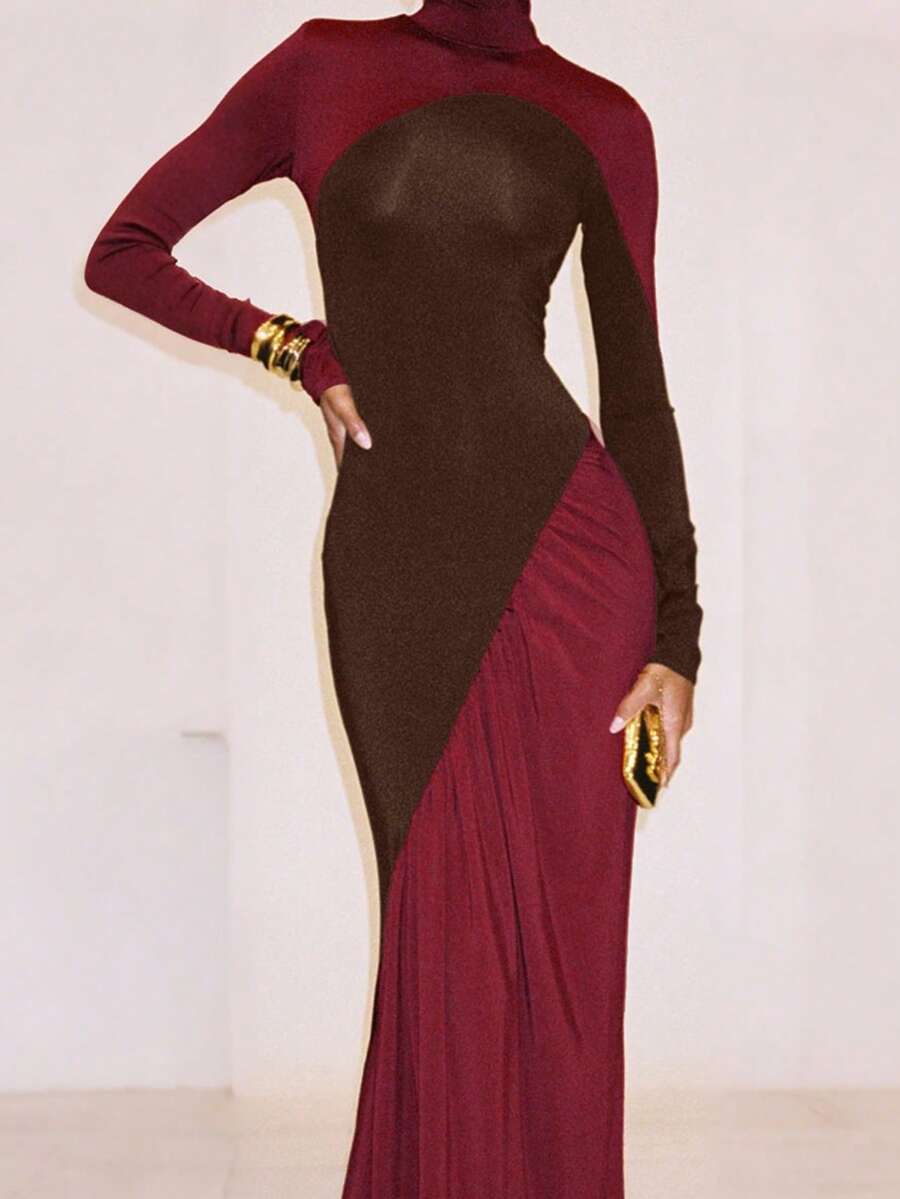 Vestido ajustado de cintura alta en combinación de colores, moderno y creativo para la calle - Burdeos - Ver 1