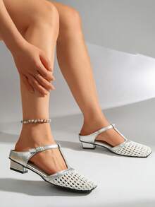 Classic Vintage Solid Color Buckle PU Leather Shoes, Suitable For Beach, Wedding, Party, Office, Indoor & Outdoor, Spring/Summer - Silver - View 2