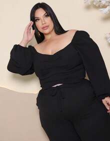 Plus Size Set: Off-The-Shoulder Cropped Top And Elegant High-Waisted Lined Palazzo Pants - 黑色 - 查看 11