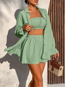 AIJ Amarilo Women Summer Vacation Solid Color Fabric Ruffle Trim Top + Camisole + Shorts 3-Piece Set, Minimalist Daily Outfit Spring Elegant - Pale Green - View 6