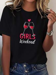 Una prenda de ropa de invierno para mujer, una camiseta de fin de semana con diseño de copa de vino y corazón, de manga corta y cuello redondo, un top casual y elegante, un atuendo elegante para fiestas, ropa navideña, regalo de Navidad, ropa de otoño, material suave. - Negro - Ver 1