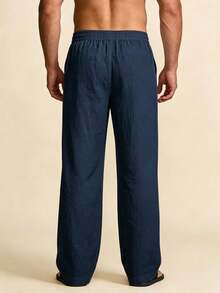 Men's Summer Solid Color Linen Pants | Lightweight Beach Holiday Trousers | American Sporty Casual Pants | Straight Cut Relaxed Fit | Drawstring Waist Design | Breathable, Suitable For Spring/Summer Commuting, Holiday, Fitness, Vacationcore - Navy Blue - View 7