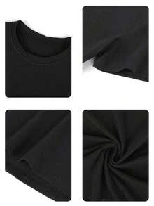 T-Shirt With A Rabbit And Flower Print, Modern, Round Neck, Short Sleeves, Ideal For Everyday Wear, Eye-Catching, Loose, Fashionable, Perfect For You. - Black - View 6