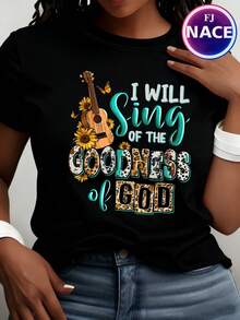 Women's Short Sleeve Cotton T-Shirt With "I Will Sing Of God's Goodness, Christian" Print - Casual Crew Neck Short Sleeve T-Shirt For Women, Breathable, Machine Washable. - 黑色 - 查看 1
