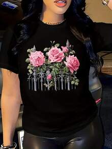 Women's Short Sleeve Cotton T-Shirt, Casual Floral Print T-Shirt - Soft And Breathable Short Sleeve Top With Pink Roses And Green Leaves, Round Neck, Perfect For Spring And Summer, Ladies' T-Shirts. - 黑色 - 查看 6