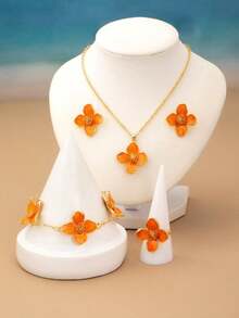1pc Necklace + 1pc Bracelet + 1pc Ring + 2pcs Earrings, Elegant Niche Floral Jewelry Set, Suitable For Daily, Party, Vacation, Gift-Giving In Spring/Summer - Oil-dripping Flower Set - View 6