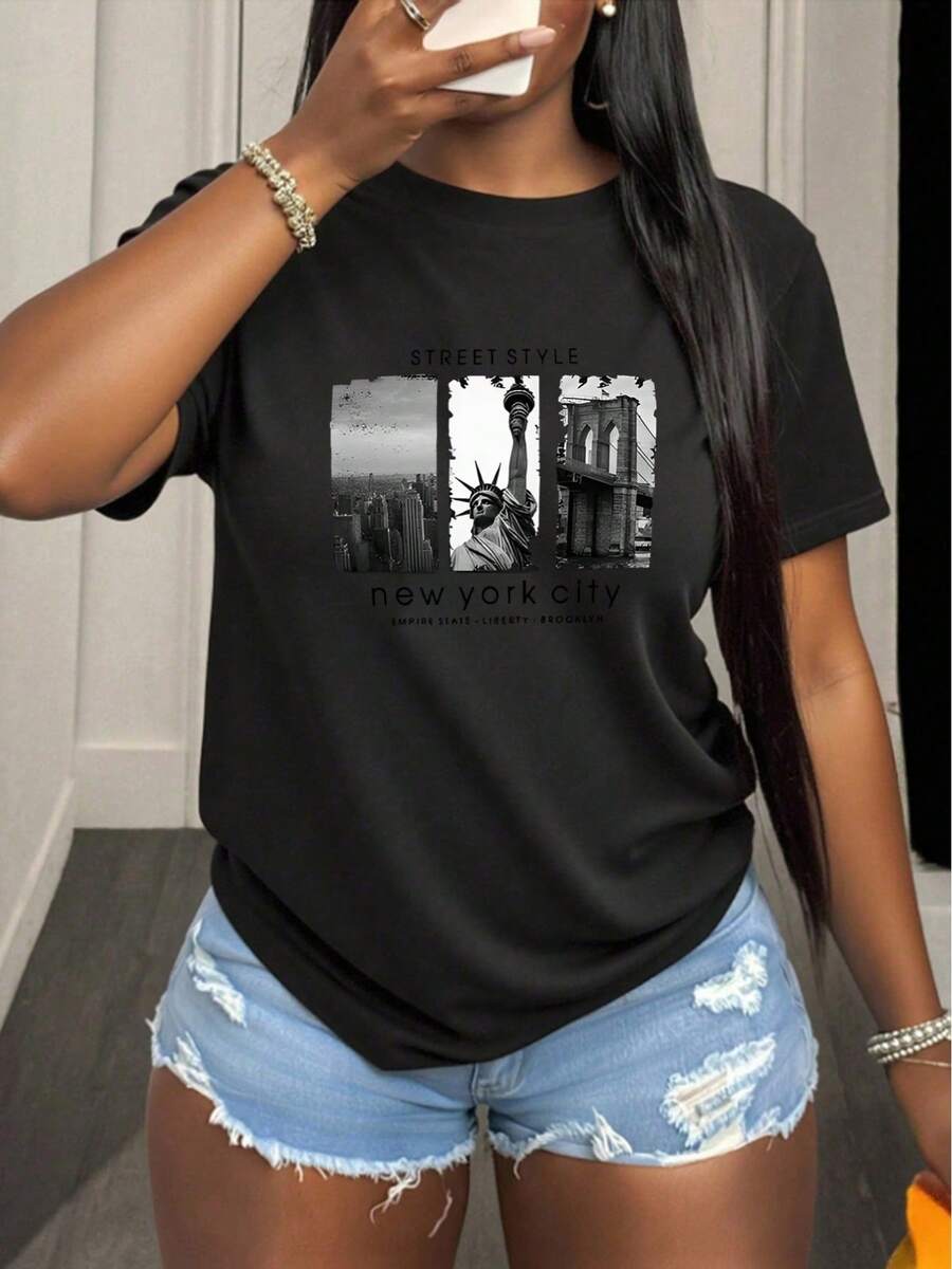 Women's Casual Polyester T-Shirt, Comfortable Short Sleeve Top With NYC Graphic Design, Perfect For Parties And Casual Outfits, Ideal Gift For Friends, Lightweight And Durable, Suitable For Indoor And Outdoor Activities - 黑色 - 查看 1