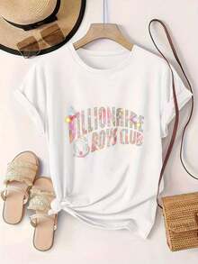 Camiseta Casual de Manga Corta para Mujer - Diseño con Estampado Colorido del Logo de Billionaire Boys Club, Cuello Redondo, Top de Verano, Lavable a Máquina, Camisetas para Damas, Ropa Casual, Estilo Moderno, Ajuste Cómodo  
 -Blanco - Blanco - Ver 2