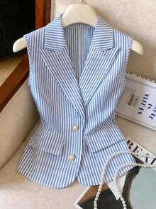 Chaleco de traje delgado con botones y rayas para mujer - Azul y blanco - Ver 1